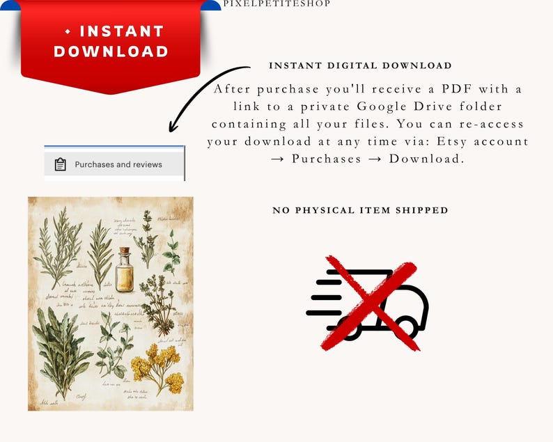 May include: An instant digital download graphic featuring botanical illustrations of herbs and a small bottle. The image includes text that reads "Instant Download" and "No Physical Item Shipped."