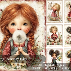 Puede incluir: Una impresión de arte digital que presenta a una niña pelirroja con ojos azules sosteniendo un diente de león. La imagen incluye el texto "Spring Country Girl" y detalles sobre las páginas digitales, la resolución y las dimensiones: 21,59 x 27,94 cm.