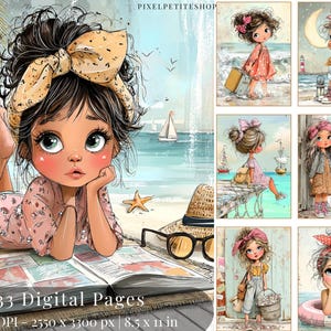 May include: Digital art print featuring a young girl on a beach, with a large bow in her hair, lying on a book. The image includes sailboats, a starfish, and the text "33 Digital Pages, 8.5 x 11 in."