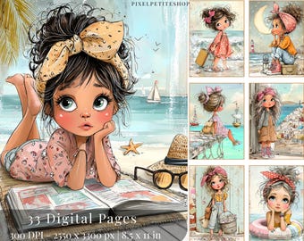 May include: Digital art print featuring a young girl on a beach, with a large bow in her hair, lying on a book. The image includes sailboats, a starfish, and the text "33 Digital Pages, 8.5 x 11 in."