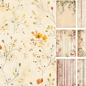 May include: A collection of vintage-style scrapbook paper sheets. The designs include floral patterns with yellow and orange flowers, and striped backgrounds with roses and vines. The color palette is soft, with beige, pink, and green tones.
