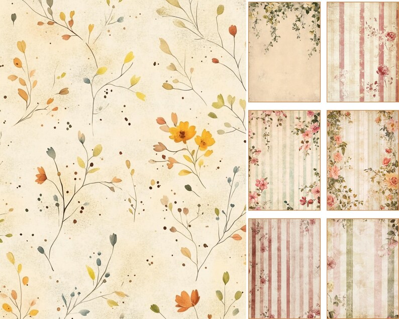 May include: A collection of vintage-style scrapbook paper sheets. The designs include floral patterns with yellow and orange flowers, and striped backgrounds with roses and vines. The color palette is soft, with beige, pink, and green tones.