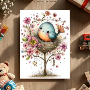 May include: A watercolor illustration of a blue bird in a nest on a flowering tree. The artwork features pink and yellow flowers, hearts, and decorative hanging elements. The image is on a white card, with a wooden background.