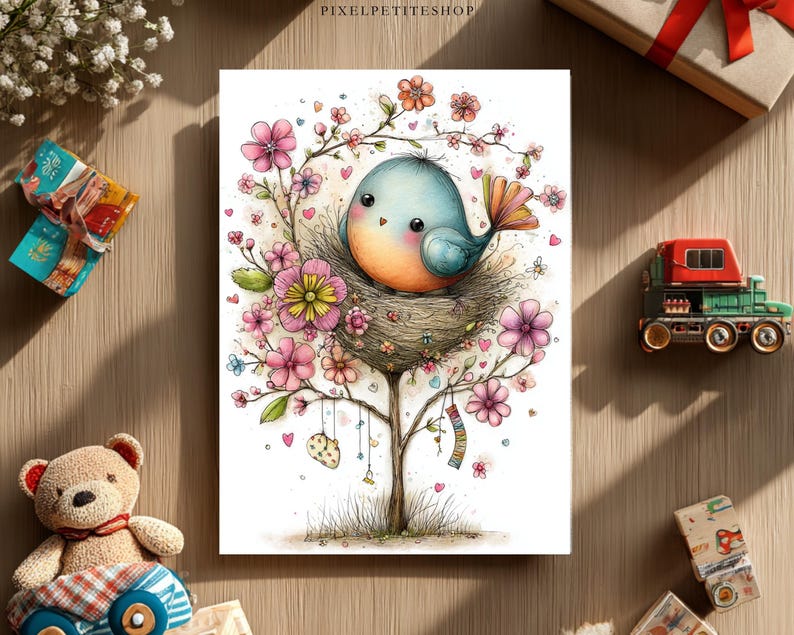 May include: A watercolor illustration of a blue bird in a nest on a flowering tree. The artwork features pink and yellow flowers, hearts, and decorative hanging elements. The image is on a white card, with a wooden background.