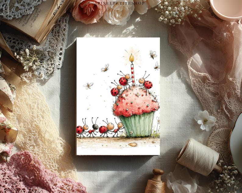 May include: A whimsical birthday card featuring a large pink cupcake with a lit candle. Ladybug-like creatures and ants surround the cupcake, with additional insects scattered around. The card has a watercolor style and a light green cupcake wrapper.