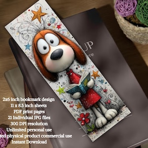 May include: A colourful bookmark with a cartoon dog reading a book. The dog has big eyes, brown ears, and wears a red outfit. The bookmark is 5.08cm x 15.24cm and features stars and floral details.