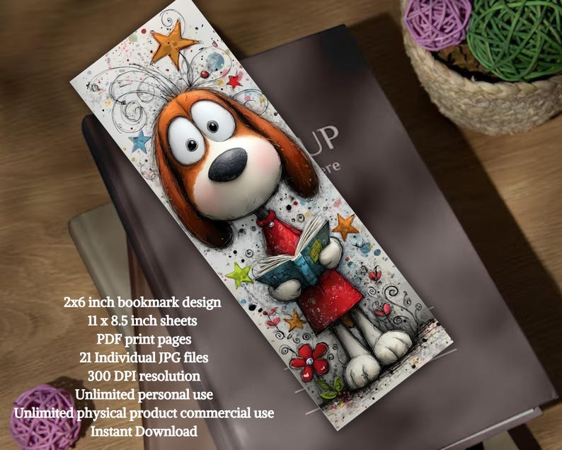 May include: A colourful bookmark with a cartoon dog reading a book. The dog has big eyes, brown ears, and wears a red outfit. The bookmark is 5.08cm x 15.24cm and features stars and floral details.