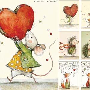 K&ouml;nnte beinhalten: Eine Sammlung skurriler Illustrationen mit entz&uuml;ckenden Tieren. Eine Maus tr&auml;gt ein gro&szlig;es rotes Herz, andere zeigen eine Maus mit Schal, einen Igel mit Schal, einen Igel mit Brief und zwei F&uuml;chse, die Herzdekorationen betrachten.