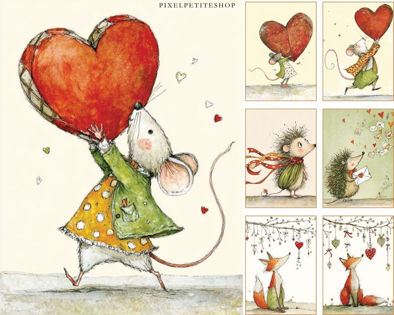 K&ouml;nnte beinhalten: Eine Sammlung skurriler Illustrationen mit entz&uuml;ckenden Tieren. Eine Maus tr&auml;gt ein gro&szlig;es rotes Herz, andere zeigen eine Maus mit Schal, einen Igel mit Schal, einen Igel mit Brief und zwei F&uuml;chse, die Herzdekorationen betrachten.