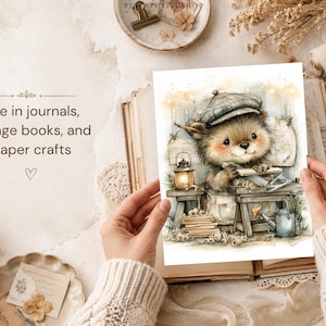May include: A rectangular print featuring a watercolor illustration of a small, furry creature wearing a plaid cap, working at a wooden workbench with tools, a lantern, and wood shavings. The text reads: Use in journals, collage books, and paper crafts.