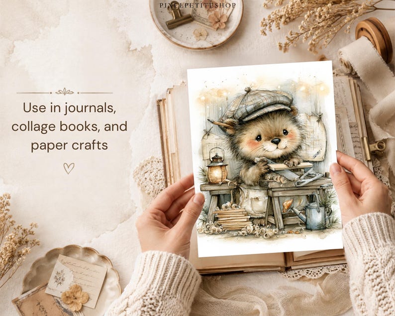 May include: A rectangular print featuring a watercolor illustration of a small, furry creature wearing a plaid cap, working at a wooden workbench with tools, a lantern, and wood shavings. The text reads: Use in journals, collage books, and paper crafts.