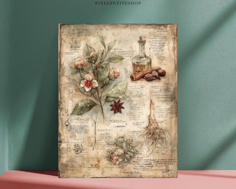 May include: A vintage botanical print showing a sprig of flowers with pink and white blossoms, green leaves, and a star anise. A small glass bottle with a cork stopper, cinnamon sticks, and cloves are also depicted. The background is a parchment-like paper with handwritten text.