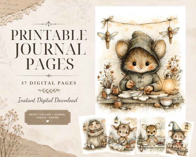May include: Printable journal pages featuring 57 digital pages with illustrations of a mouse in a hood painting at a desk, alongside other woodland creatures. The text reads PRINTABLE JOURNAL PAGES, 57 DIGITAL PAGES, Instant Digital Download, PRINT, COLLAGE, JOURNAL, CREATE, INSPIRE.
