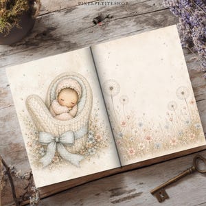 May include: An open book featuring a watercolor illustration of a sleeping infant nestled inside a large, cream-colored knit mitten adorned with a light blue bow, surrounded by delicate dandelion and wildflower drawings on the adjacent page.
