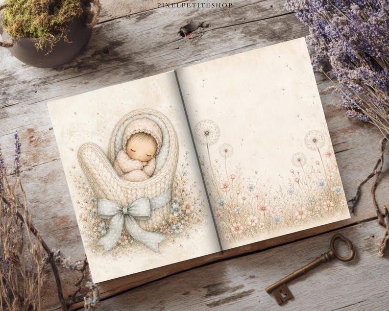 May include: An open book featuring a watercolor illustration of a sleeping infant nestled inside a large, cream-colored knit mitten adorned with a light blue bow, surrounded by delicate dandelion and wildflower drawings on the adjacent page.