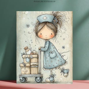 Puede incluir: Ilustraci&oacute;n caprichosa de una enfermera empujando un carrito lleno de suministros m&eacute;dicos. La enfermera lleva un uniforme y un gorro azules con una cruz. El carrito contiene varias cajas y botellas, todo en colores pastel suaves. La imagen tiene una est&eacute;tica vintage de cuento.