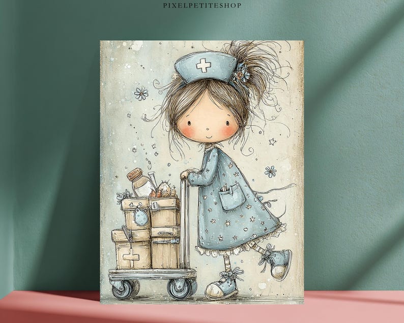 Puede incluir: Ilustraci&oacute;n caprichosa de una enfermera empujando un carrito lleno de suministros m&eacute;dicos. La enfermera lleva un uniforme y un gorro azules con una cruz. El carrito contiene varias cajas y botellas, todo en colores pastel suaves. La imagen tiene una est&eacute;tica vintage de cuento.