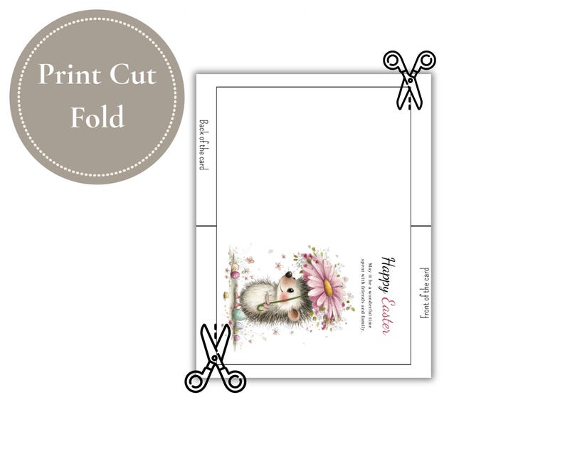 May include: A greeting card with a watercolor illustration of a hedgehog next to a pink daisy. The card has the text "Happy Easter" and instructions to print, cut, and fold. The card is white with a decorative border.
