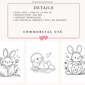 May include: A digital download featuring three black and white line art illustrations of animals. The top text reads PIXELPETITESHOP, DETAILS, SIZE: 2550 X 3300 PX | 8.5X11 IN, RESOLUTION: 300 DPI, INSTANT DOWNLOAD, NO PHYSICAL PRODUCT WILL BE SHIPPED, COMMERCIAL USE.