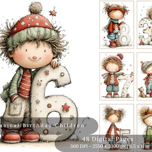 May include: Whimsical digital art featuring children with numbers. The main image shows a child holding a large number six. The child wears a red and green hat, striped shirt, and green jacket. Additional images show children with numbers 3, 4, 5, 7, and 8.