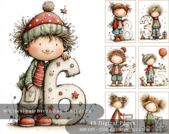 Puede incluir: Arte digital caprichoso con niños y números. La imagen principal muestra a un niño sosteniendo el número seis. El niño lleva un gorro rojo y verde, una camisa a rayas y una chaqueta verde. Imágenes adicionales muestran niños con los números 3, 4, 5, 7 y 8.