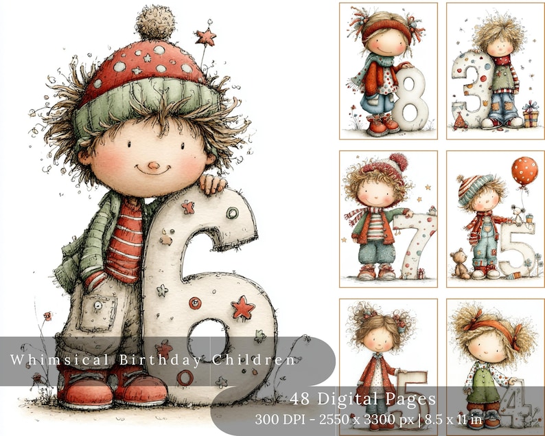Pu&ograve; includere: Arte digitale stravagante con bambini e numeri. L'immagine principale mostra un bambino che tiene il numero sei. Il bambino indossa un cappello rosso e verde, una camicia a righe e una giacca verde. Altre immagini mostrano bambini con i numeri 3, 4, 5, 7 e 8.