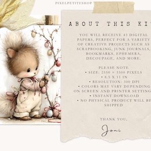 May include: A digital art kit featuring a charming illustration of a woodland creature decorating an Easter tree. The image includes text that reads "ABOUT THIS KIT" and "YOU WILL RECEIVE 43 DIGITAL PAPERS". The image size is 8.5 x 11 inches.