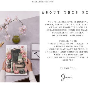 May include: A digital kit featuring 51 pages with illustrations of books, skulls, candles, and pink flowers. The text includes PIXELPETITESHOP, ABOUT THIS KIT, and details regarding 2550x3300 px, 8.5x11 in, 300 dpi, and instant download information.