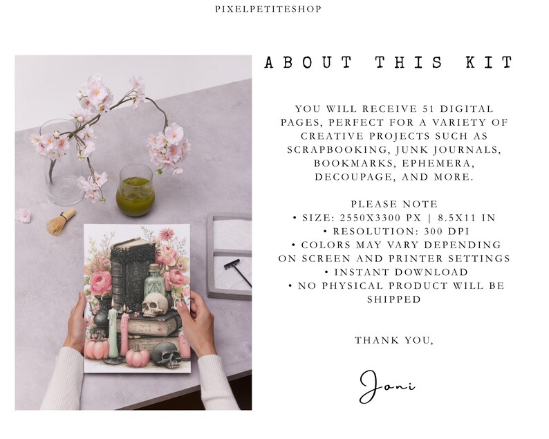 May include: A digital kit featuring 51 pages with illustrations of books, skulls, candles, and pink flowers. The text includes PIXELPETITESHOP, ABOUT THIS KIT, and details regarding 2550x3300 px, 8.5x11 in, 300 dpi, and instant download information.