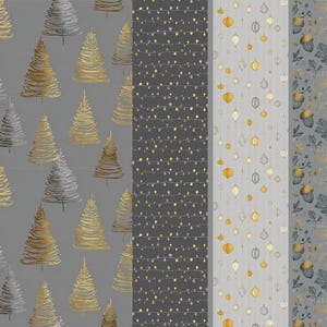 May include: A collection of patterned papers featuring festive designs. One pattern showcases gold and silver Christmas trees on a gray background. Other patterns include strings of lights, hanging ornaments, and acorns with leaves, all in gold and gray.