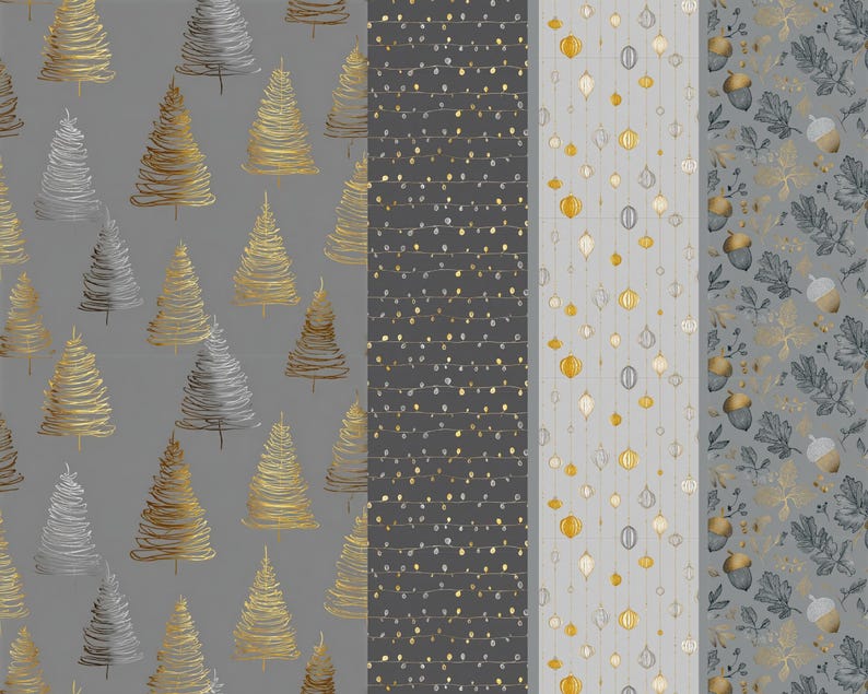 May include: A collection of patterned papers featuring festive designs. One pattern showcases gold and silver Christmas trees on a gray background. Other patterns include strings of lights, hanging ornaments, and acorns with leaves, all in gold and gray.