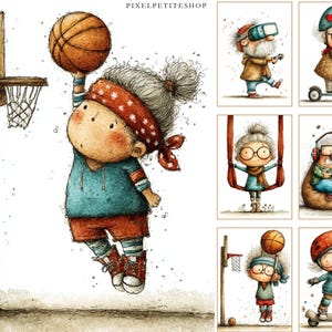 May include: Watercolor illustration of an elderly person playing basketball, about to dunk the ball. The person wears a blue shirt, red shorts, and a red and white bandana. Additional illustrations show elderly people using VR, riding a scooter, and more.