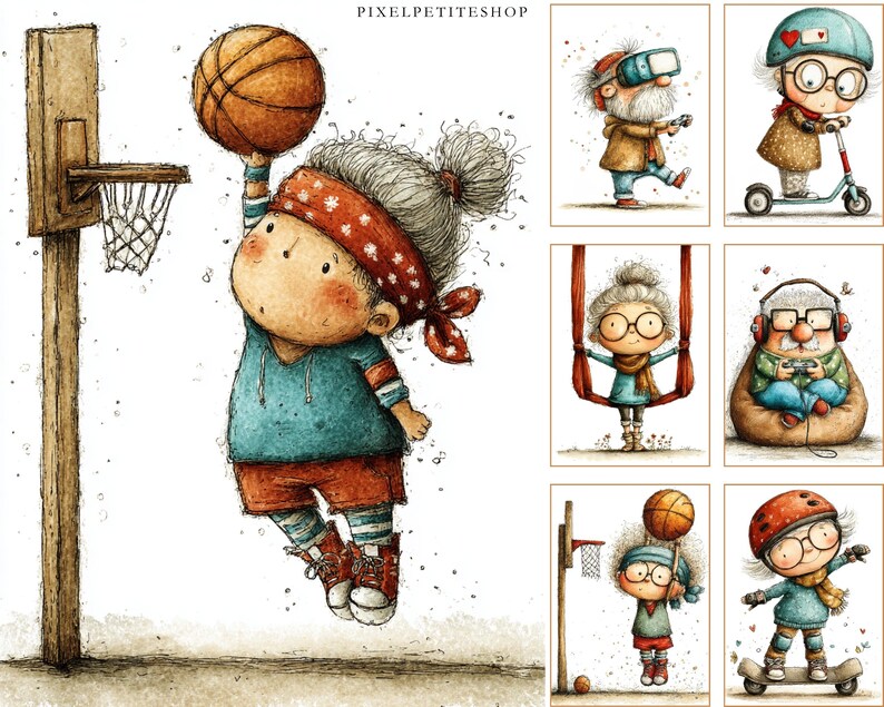 May include: Watercolor illustration of an elderly person playing basketball, about to dunk the ball. The person wears a blue shirt, red shorts, and a red and white bandana. Additional illustrations show elderly people using VR, riding a scooter, and more.