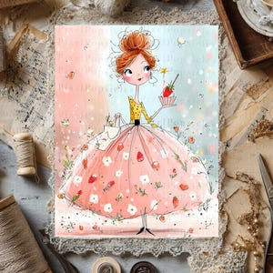 May include: A digital illustration of a stylized character with a high bun hairstyle, wearing a yellow polka-dot top and a voluminous pink skirt decorated with white flowers and strawberries. The character holds a small cupcake with a strawberry.