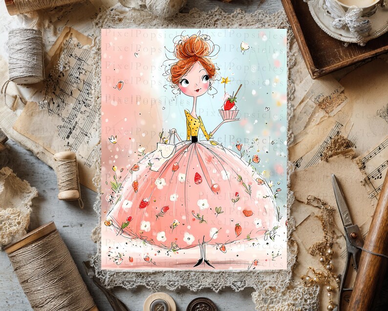May include: A digital illustration of a stylized character with a high bun hairstyle, wearing a yellow polka-dot top and a voluminous pink skirt decorated with white flowers and strawberries. The character holds a small cupcake with a strawberry.
