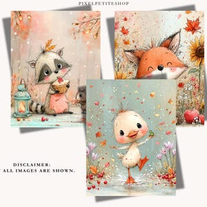 May include: Three art prints featuring watercolor-style illustrations of woodland animals. One shows a raccoon with a cupcake and lantern, another a fox among sunflowers and apples, and the third a duckling with a frog in a rain shower.