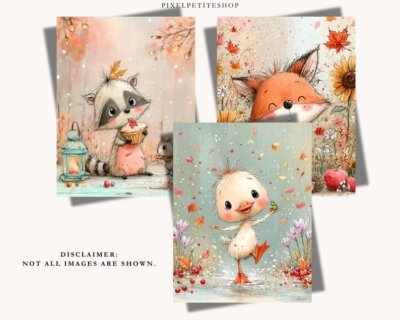 May include: Three art prints featuring watercolor-style illustrations of woodland animals. One shows a raccoon with a cupcake and lantern, another a fox among sunflowers and apples, and the third a duckling with a frog in a rain shower.