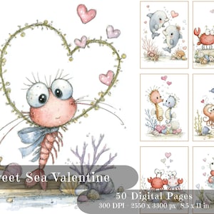 May include: A set of digital art pages with watercolour illustrations of marine creatures in romantic settings. The images include a shrimp with a heart-shaped vine, dolphins, crabs, seahorses, and an octopus. The text "Sweet Sea Valentine" is displayed.
