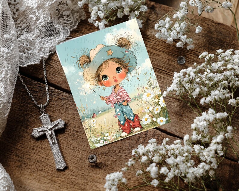 May include: A rectangular print featuring a cartoon illustration of a child wearing a blue cowboy hat, a red and white striped shirt, blue jeans, and red cowboy boots, holding a sparkler in a field of white flowers under a blue sky.