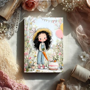 May include: A charming illustration of a girl in dungarees holding a carrot, set in a floral field. She wears a straw hat with a pink bow. A cake and balloons are also present. The artwork has a whimsical, storybook style, with a pastel colour palette.