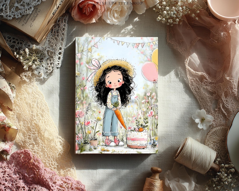 May include: A charming illustration of a girl in dungarees holding a carrot, set in a floral field. She wears a straw hat with a pink bow. A cake and balloons are also present. The artwork has a whimsical, storybook style, with a pastel colour palette.