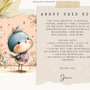 May include: A digital art print featuring a charming blue bird with a red, white, and blue argyle vest. The bird stands in front of a floral background. Text on the right side reads "About This Kit" and details about the digital papers.