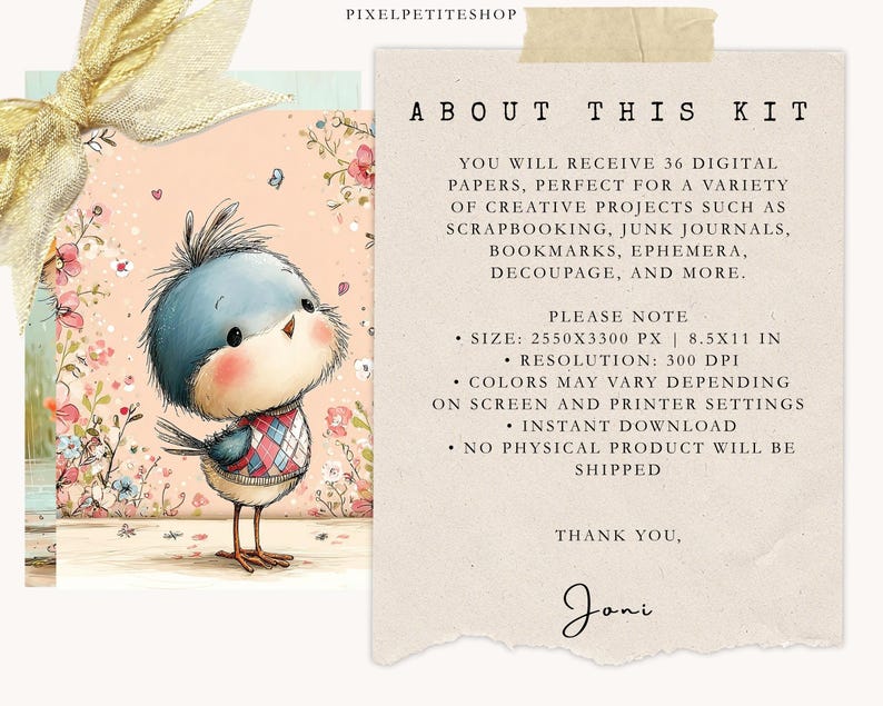 May include: A digital art print featuring a charming blue bird with a red, white, and blue argyle vest. The bird stands in front of a floral background. Text on the right side reads "About This Kit" and details about the digital papers.