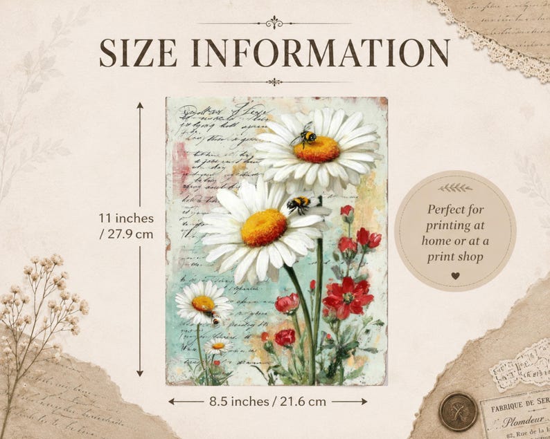 May include: A rectangular print featuring white daisies with yellow centers and bees, set against a background of vintage script and red flowers. The print measures 11 inches by 8.5 inches, with text stating SIZE INFORMATION and printing details.