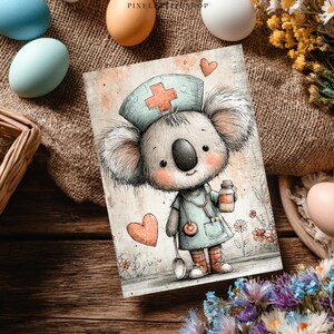 May include: A watercolor illustration of a koala dressed as a nurse, wearing a light blue uniform and a cap with a red cross. The koala holds a medicine bottle and a stethoscope. The image has a vintage, hand-drawn style.