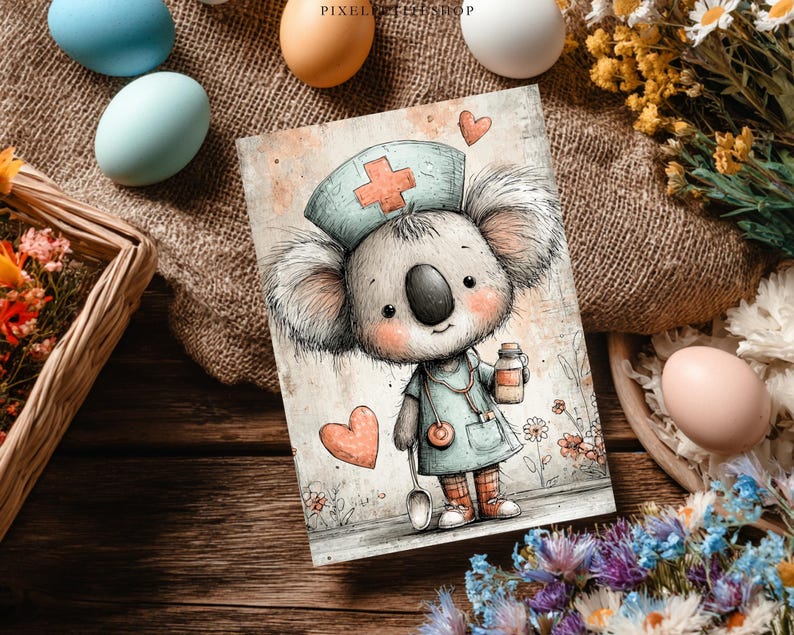 May include: A watercolor illustration of a koala dressed as a nurse, wearing a light blue uniform and a cap with a red cross. The koala holds a medicine bottle and a stethoscope. The image has a vintage, hand-drawn style.