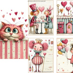 Może przedstawiać: Kolekcja fantazyjnych ilustracji przedstawiających r&oacute;żowego kota, postacie na herbacie, balony w kształcie serca, klucze i dziewczynkę trzymającą balony. Grafika ma miękki, akwarelowy styl z r&oacute;żową i czerwoną kolorystyką, idealną na Walentynki.
