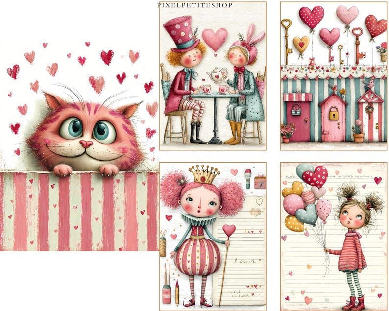 Może przedstawiać: Kolekcja fantazyjnych ilustracji przedstawiających r&oacute;żowego kota, postacie na herbacie, balony w kształcie serca, klucze i dziewczynkę trzymającą balony. Grafika ma miękki, akwarelowy styl z r&oacute;żową i czerwoną kolorystyką, idealną na Walentynki.