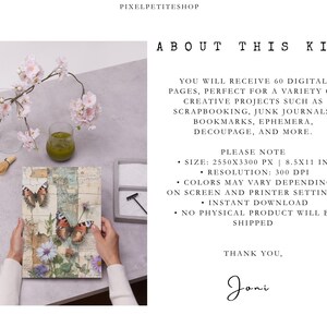 May include: A digital kit with 60 pages for creative projects. The image shows a person holding a decorative paper with butterflies and flowers. The kit includes digital pages for scrapbooking, junk journals, and more. The image also shows a glass of green liquid and flowers.