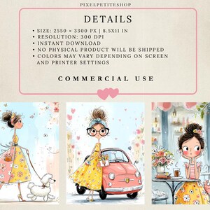 May include: A digital art set featuring three illustrations of a person in a yellow floral dress. Text includes PIXELPETITESHOP, DETAILS, SIZE: 2550 X 3300 PX | 8.5X11 IN, RESOLUTION: 300 DPI, INSTANT DOWNLOAD, NO PHYSICAL PRODUCT, and COMMERCIAL USE.